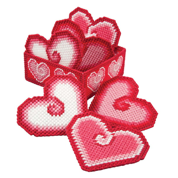 Plastic Canvas Heart Coasters with Carousal Holder